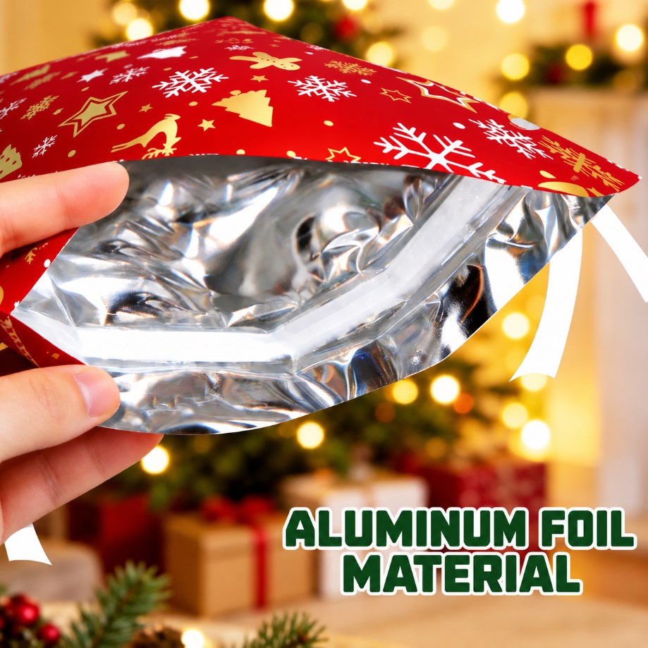 5PCS Christmas Foil Drawstring Gift Bags with Ribbon – Assorted Holiday Designs Gift Packaging Bags