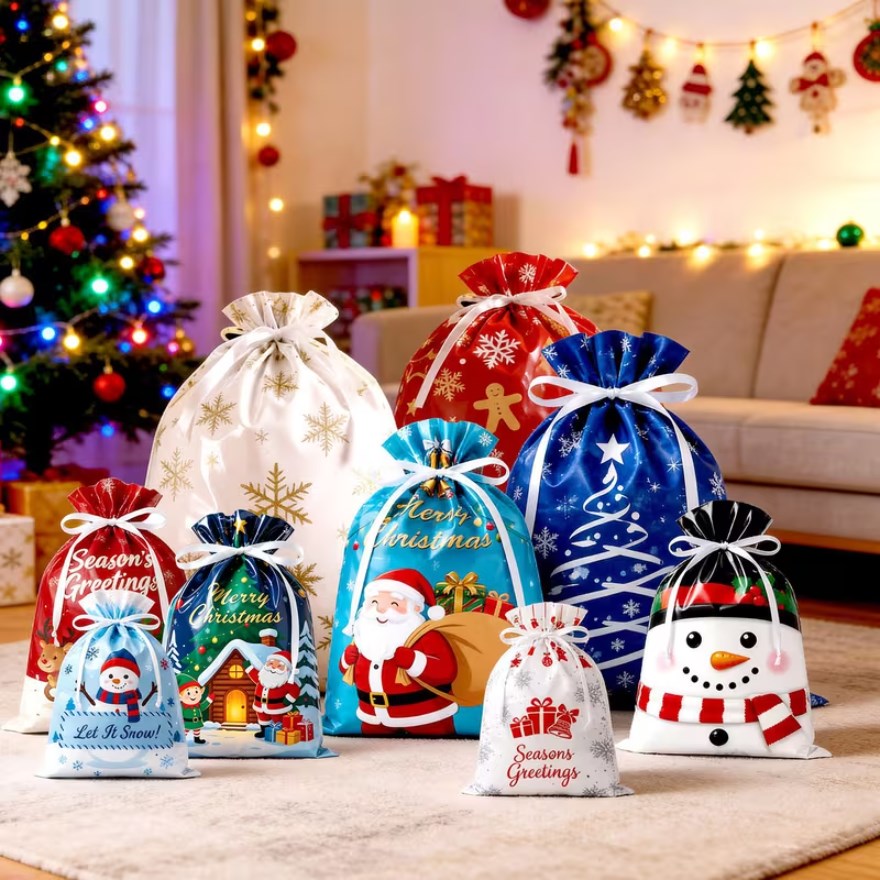 5PCS Christmas Foil Drawstring Gift Bags with Ribbon – Assorted Holiday Designs Gift Packaging Bags