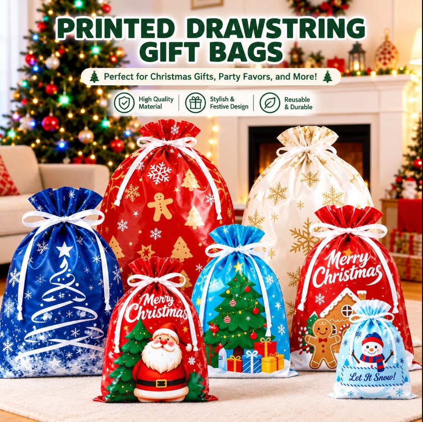 5PCS Christmas Foil Drawstring Gift Bags with Ribbon – Assorted Holiday Designs Gift Packaging Bags