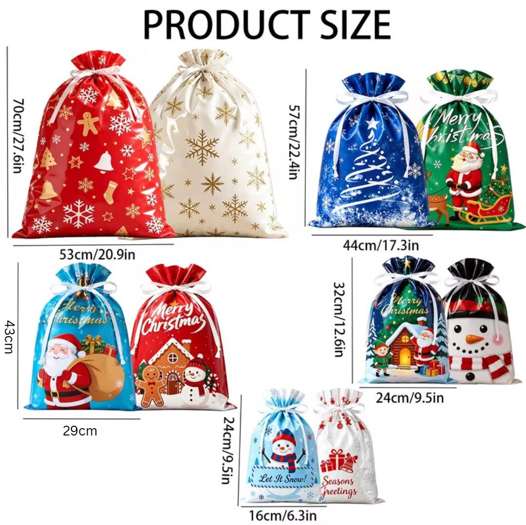 5PCS Christmas Foil Drawstring Gift Bags with Ribbon – Assorted Holiday Designs Gift Packaging Bags