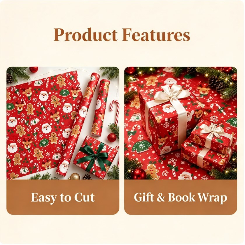 6 sheets Red Christmas Wrapping Paper Set — 50×70cm | Red Holiday Design | With Tape & Hemp Rope