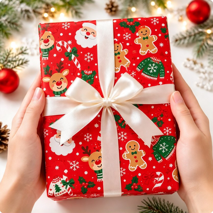 6 sheets Red Christmas Wrapping Paper Set — 50×70cm | Red Holiday Design | With Tape & Hemp Rope