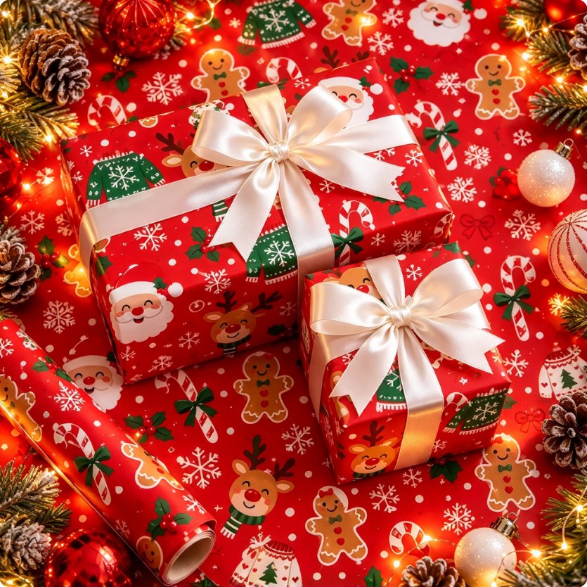 6 sheets Red Christmas Wrapping Paper Set — 50×70cm | Red Holiday Design | With Tape & Hemp Rope