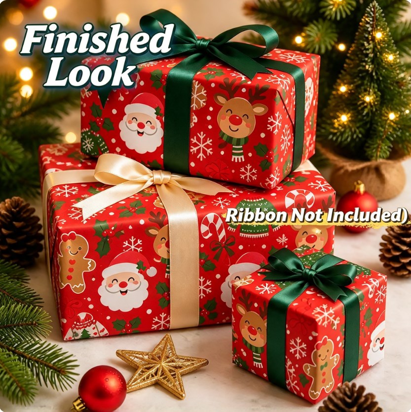 6 sheets Red Christmas Wrapping Paper Set — 50×70cm | Red Holiday Design | With Tape & Hemp Rope