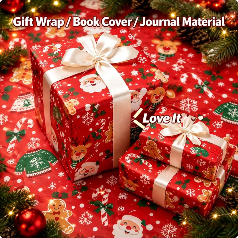 6 sheets Red Christmas Wrapping Paper Set — 50×70cm | Red Holiday Design | With Tape & Hemp Rope