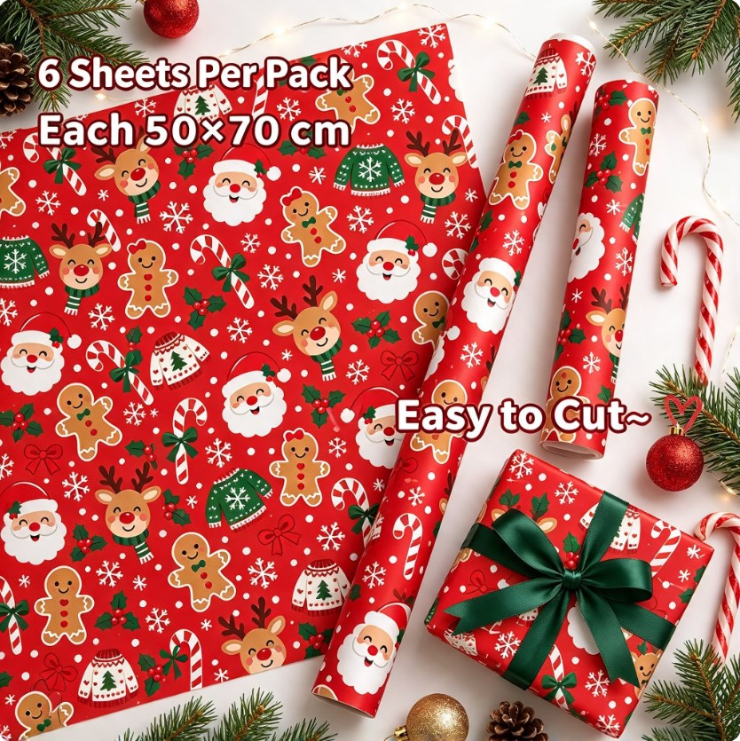 6 sheets Red Christmas Wrapping Paper Set — 50×70cm | Red Holiday Design | With Tape & Hemp Rope