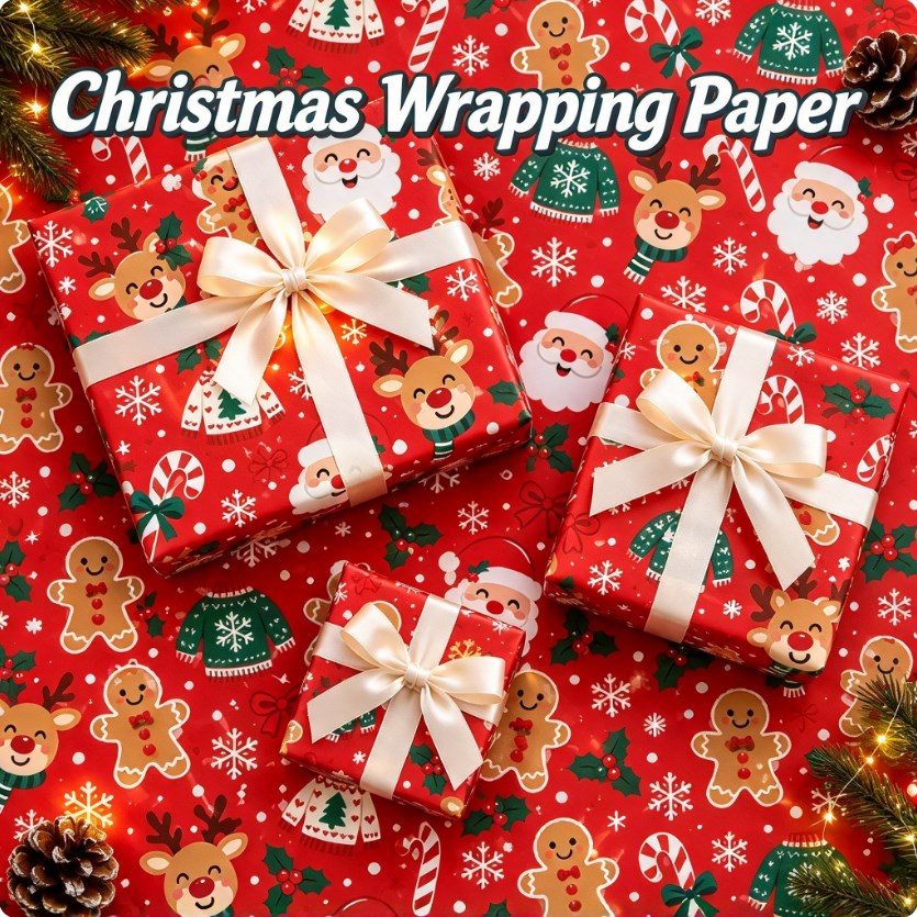 6 sheets Red Christmas Wrapping Paper Set — 50×70cm | Red Holiday Design | With Tape & Hemp Rope