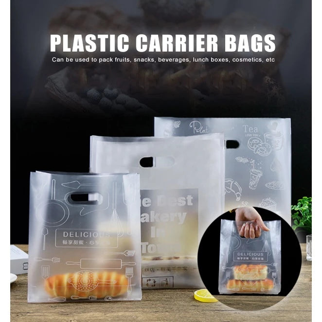 50pcs Design Plastic Bag with handle with design for cake, pastry, meal box, plastic bag