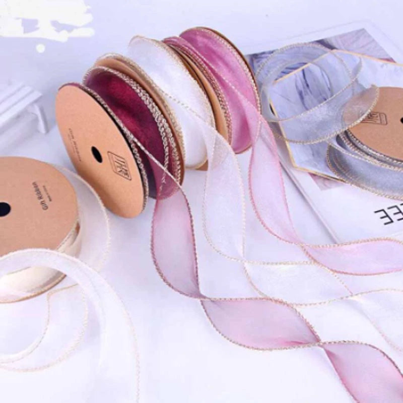 9m Wave Silk Korean Style Gold Edge Organza Ribbon Gift Wrapping Decoration Lace Ribbon