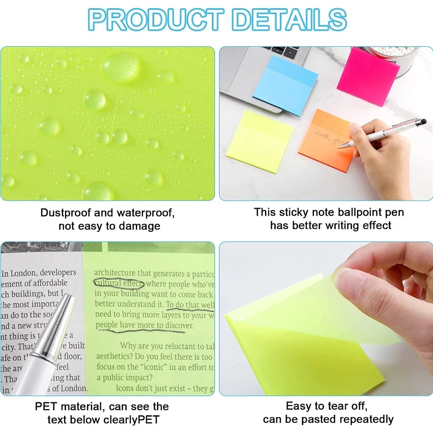 50Sheets Transparent Memo Pads Waterproof Self-Adhesive Sticky Notes