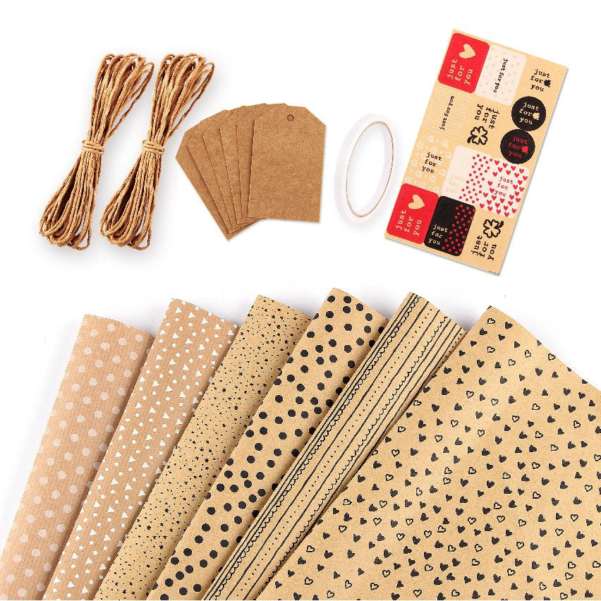 Gift Wrapping Paper 6 Pcs, Kraft Paper 70X50CM ,with Jute String and Tag/Sticker