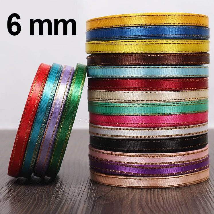 (25 Yards/roll) 6mm Gold Edge Ribbon Satin Ribbons Gift Packing Christmas Ribbons Wedding Party Deco