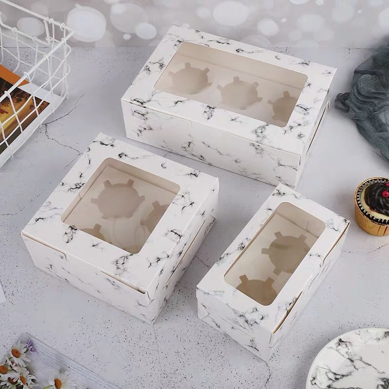 Marbled Cupcake with Handle, Muffin Box Cupcakes Box, Pastry Box (1 ,2, 4, 6 holes)