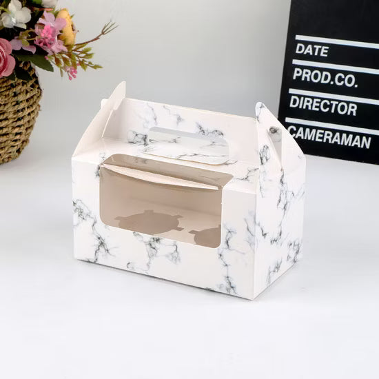 Cupcake pastry packaging box transparent window w/ handle and inner liner support