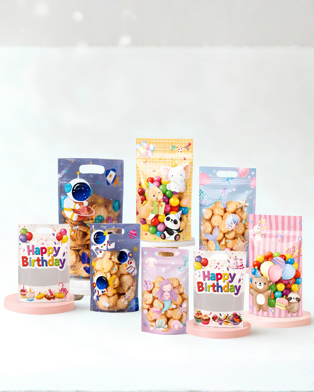 (50pcs) Cute Motif Stand-Up Ziplock Pouch – Food Grade Resealable Snack Packaging Bags