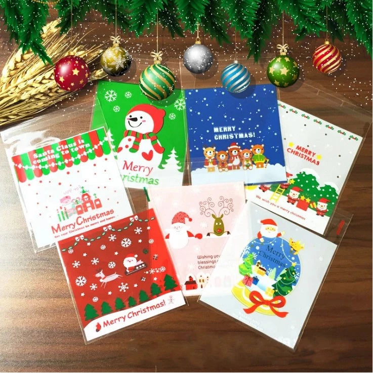 (100pcs) Self Adhesive Merry Christmas Cookie Candy Package Cellophane Gift Bags