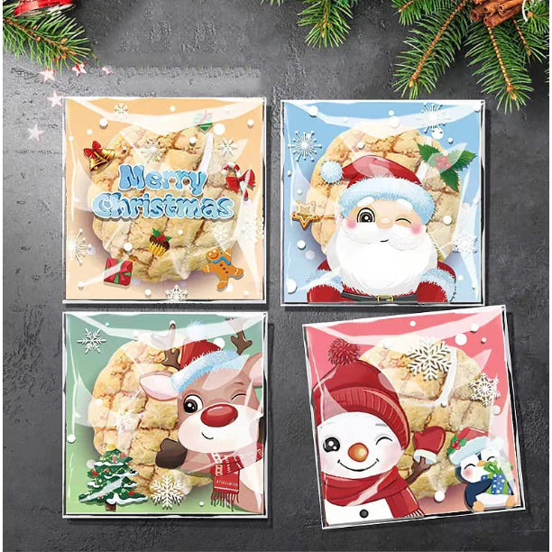 (100pcs) Self Adhesive Merry Christmas Cookie Candy Package Cellophane Gift Bags