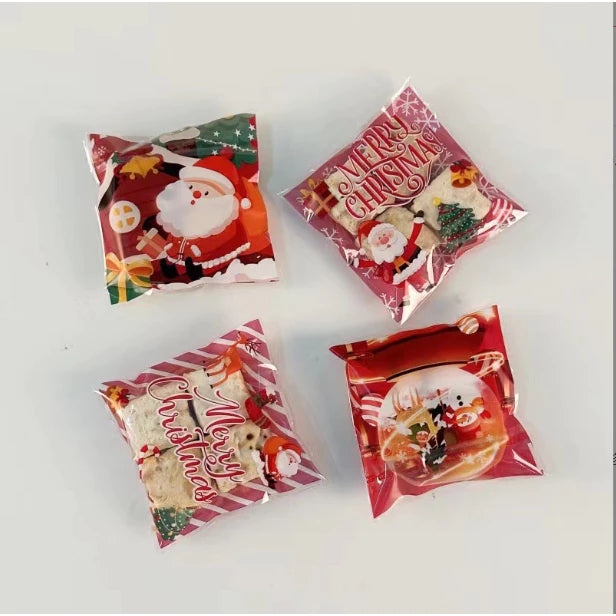 (100pcs) Self Adhesive Merry Christmas Cookie Candy Package Cellophane Gift Bags