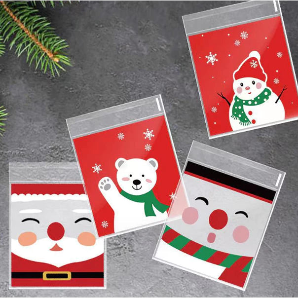 (100pcs) Self Adhesive Merry Christmas Cookie Candy Package Cellophane Gift Bags