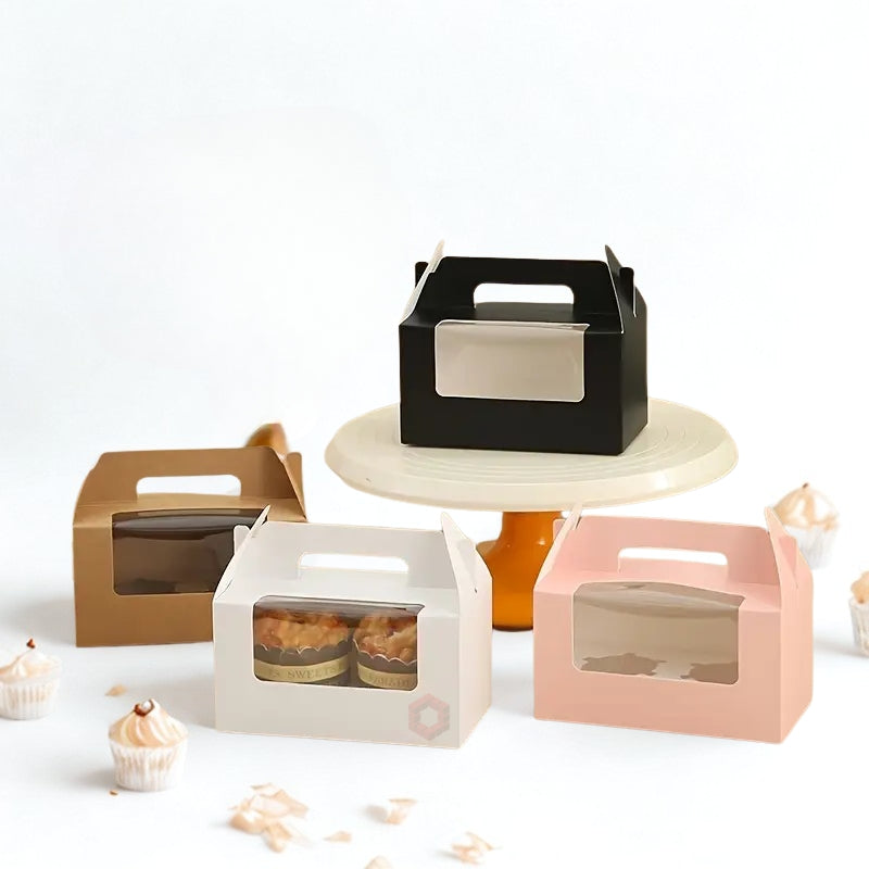 Cupcake pastry packaging box transparent window w/ handle and inner liner support