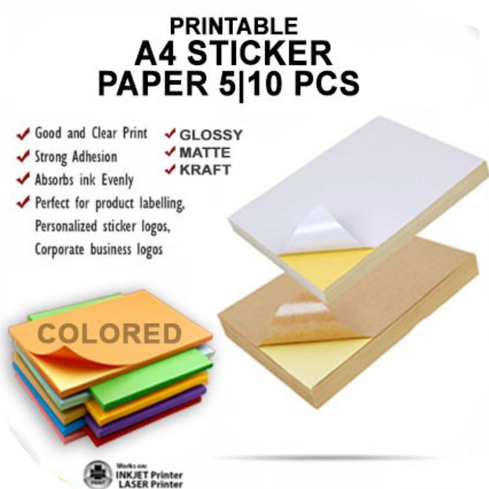(5 | 10 pcs) Printable Inject Sticker paper Matte, Glossy & Kraft A4 | |A4 Sticker Paper