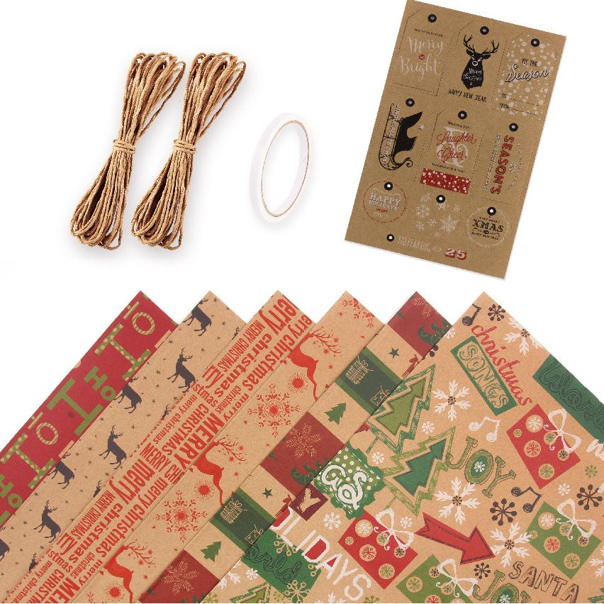 Gift Wrapping Paper 6 Pcs, Kraft Paper 70X50CM ,with Jute String and Tag/Sticker