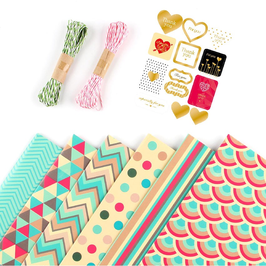 Gift Wrapping Paper 6 Pcs, Kraft Paper 70X50CM ,with Jute String and Tag/Sticker