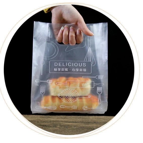 50pcs Design Plastic Bag with handle with design for cake, pastry, meal box, plastic bag