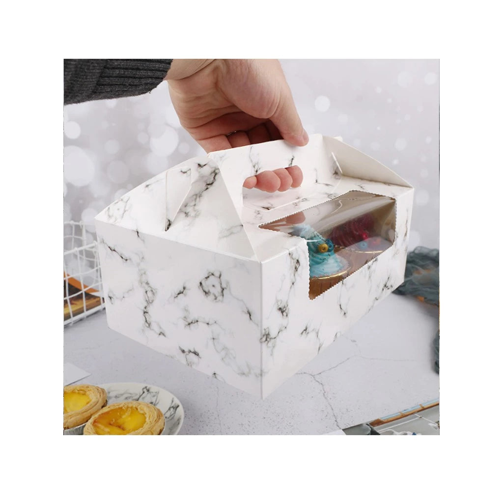 Cupcake pastry packaging box transparent window w/ handle and inner liner support