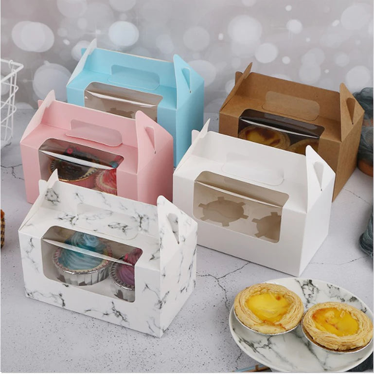 Cupcake pastry packaging box transparent window w/ handle and inner liner support