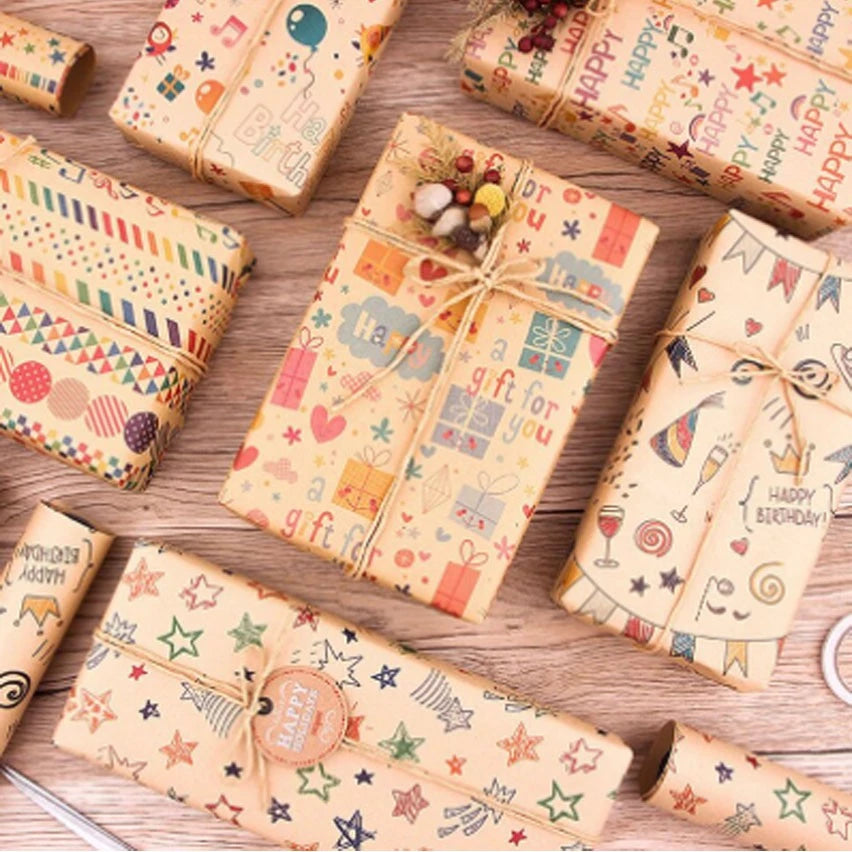 Gift Wrapping Paper 6 Pcs, Kraft Paper 70X50CM ,with Jute String and Tag/Sticker