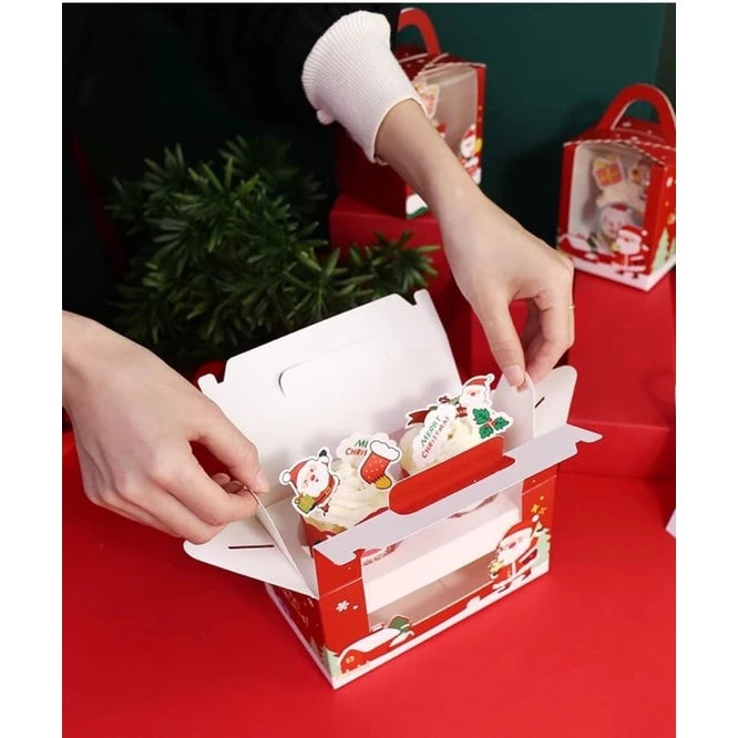 Christmas Cupcake box with Handle, Muffin Box Cupcakes Box, Pastry Box (1 ,2, 4, 6 holes)