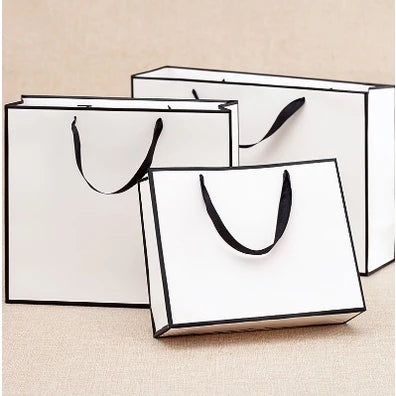1Pc White Paper Bag W/ Black Border Gift Craft Paper Gift Plain Rope Handle Hand bag