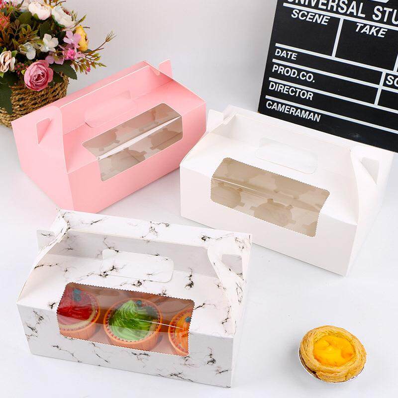 Cupcake pastry packaging box transparent window w/ handle and inner liner support
