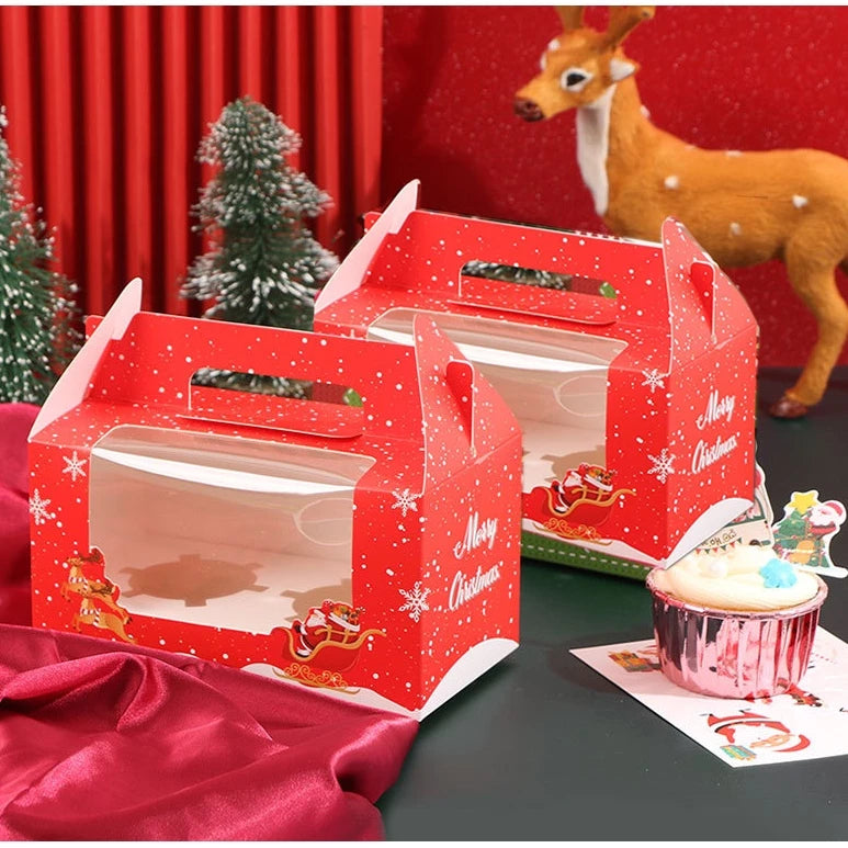 Christmas Cupcake box with Handle, Muffin Box Cupcakes Box, Pastry Box (1 ,2, 4, 6 holes)