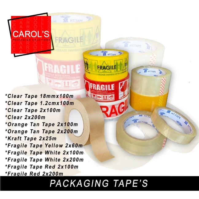 Fragile Tape (RED/WHITE/YELLOW) |Clear 1"100/ 2"100/2"200 Packaging Tape/Scotch Tape | Tan2"100