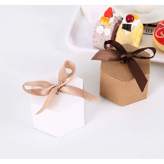 Hexagonal kraft carton gift box candy box white leather paper baking box with ribbon