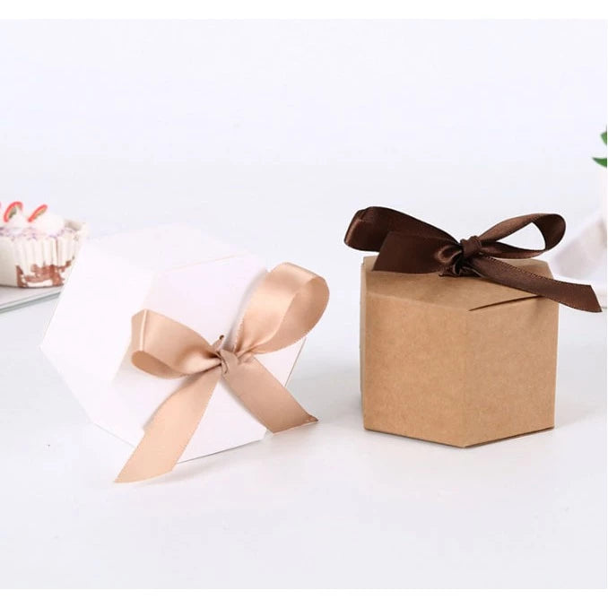 Hexagonal kraft carton gift box candy box white leather paper baking box with ribbon