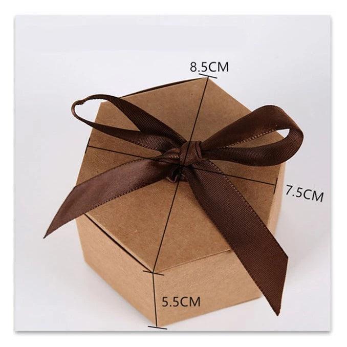 Hexagonal kraft carton gift box candy box white leather paper baking box with ribbon