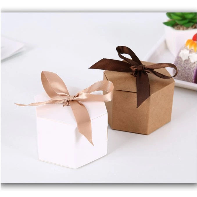Hexagonal kraft carton gift box candy box white leather paper baking box with ribbon