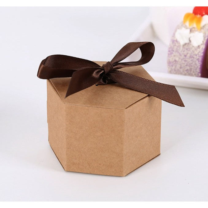 Hexagonal kraft carton gift box candy box white leather paper baking box with ribbon