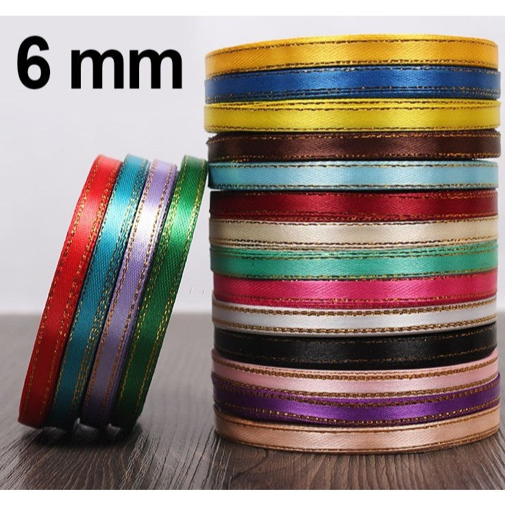 (25 Yards/roll) 6mm Gold Edge Ribbon Satin Ribbons Gift Packing Christmas Ribbons Wedding Party Deco