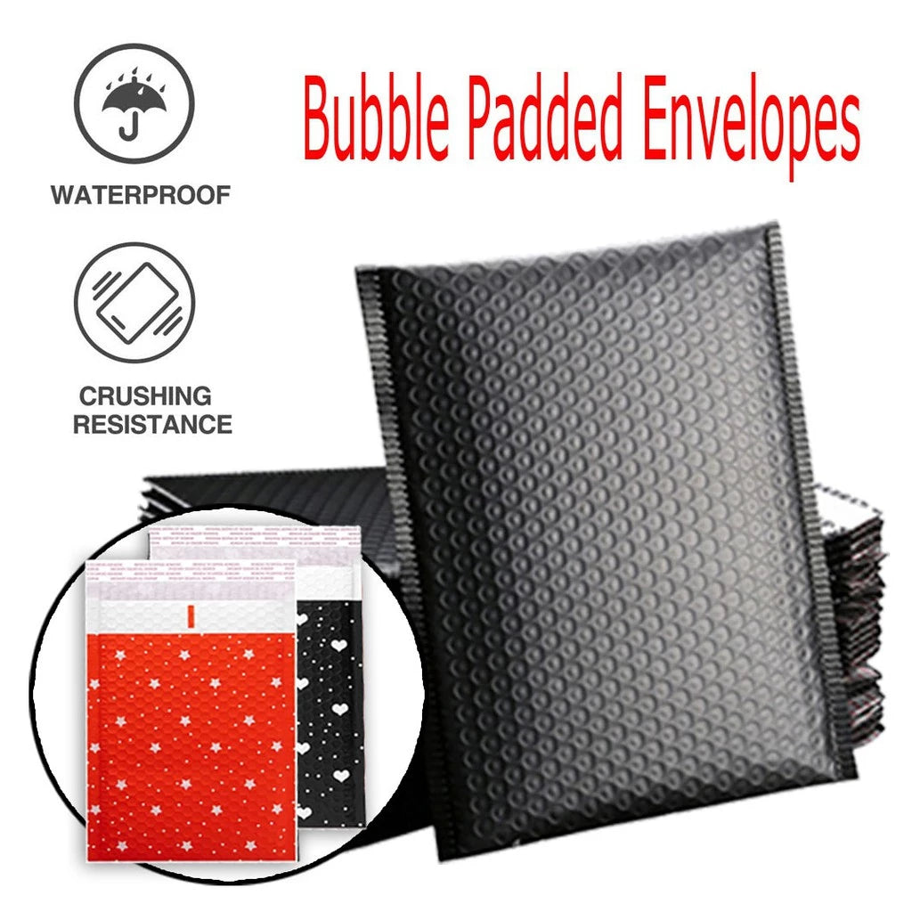 Waterproof Bubble Mailers Padded Envelopes Lined Poly Mailer Self Seal Black | Heart/Star Print 1pc