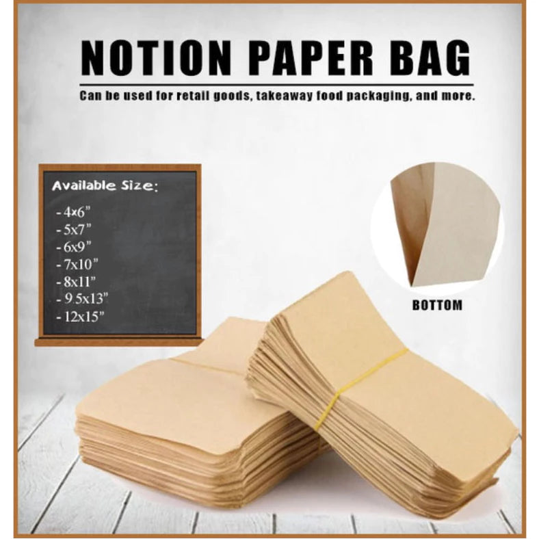 100pcs/50pcs Plain "FLAT" kraft brown paper notion bag Brown Kraft Paper Bag