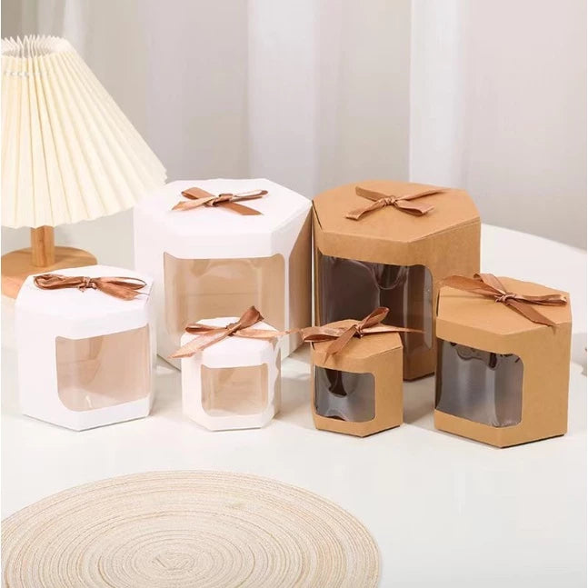 Hexagonal Transparent Window Candy Cake Boxes With Clear PVC Window Gift Box