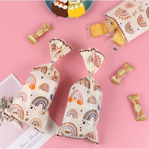 50pcs Cookie Candy Bag with Gold Ties Rainbow loot Bags Party Supplies Table Decoration