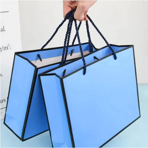 1Pc BLUE Paper Bag W/ Black Border Gift Craft Paper Gift Plain Rope Handle Hand bag