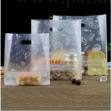 50pcs Design Plastic Bag with handle with design for cake, pastry, meal box, plastic bag