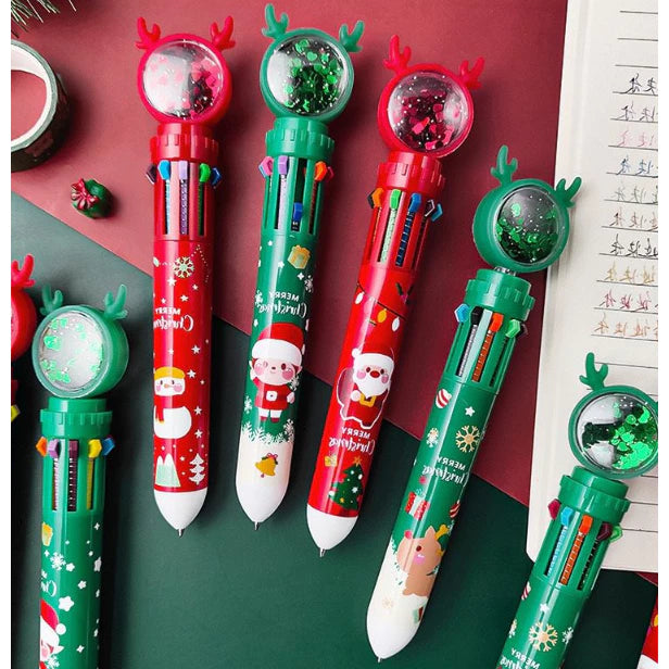 1pc Christmas Ten Color Ballpoint Pen 1 Press Student Multi-Function Pen