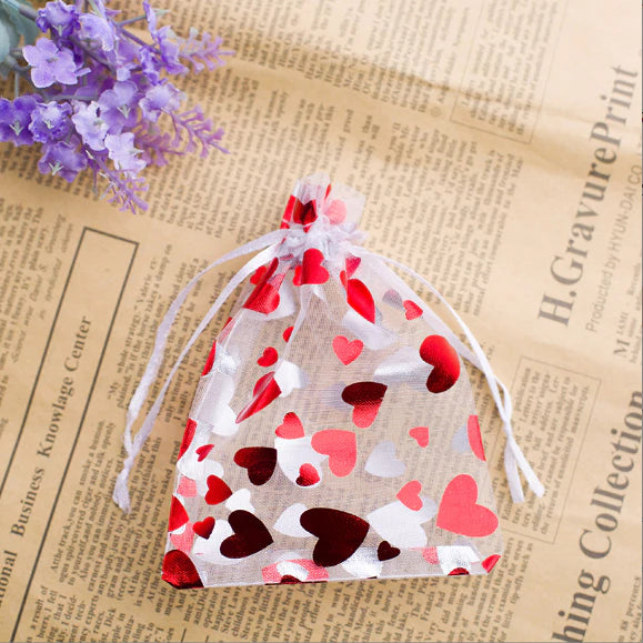 1pc Red Heart Printed Valentine Candy Bags Organza Bags Gift Jewelry Wedding Party Bag